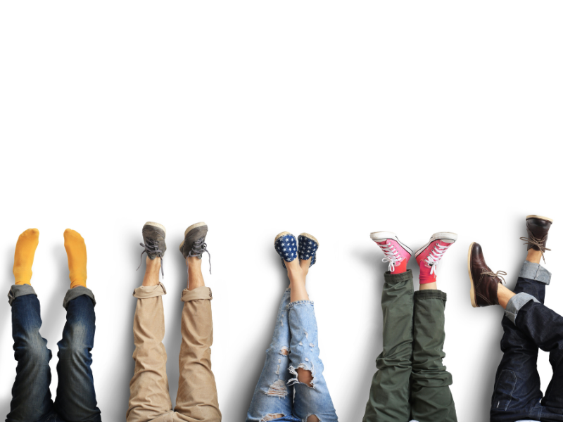 "a diverse collection of shoes worn by different individuals"